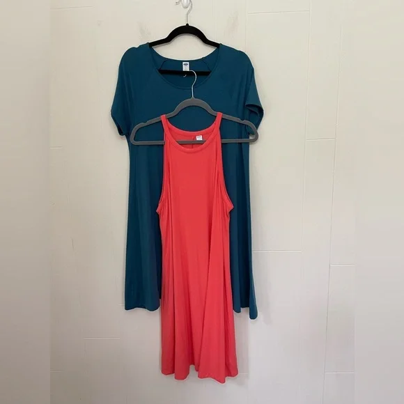 Old Navy Bundle Of 2 Jersey Knit Dresses ~ Teal & Coral ~ Women’s Size Large - Picture 1 of 16